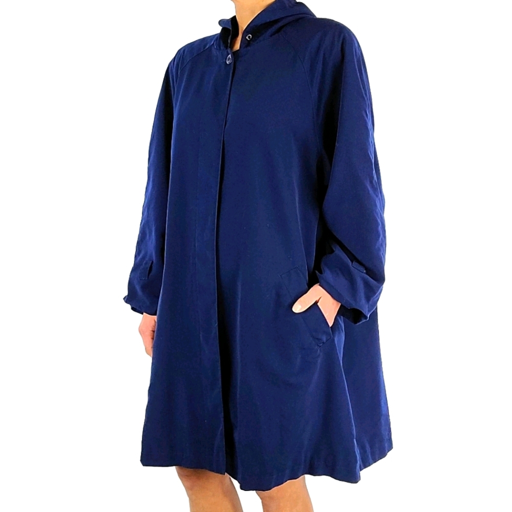 Vintage Talbots Hooded Raincoat Size Large Blue Overcoat Knee Length
